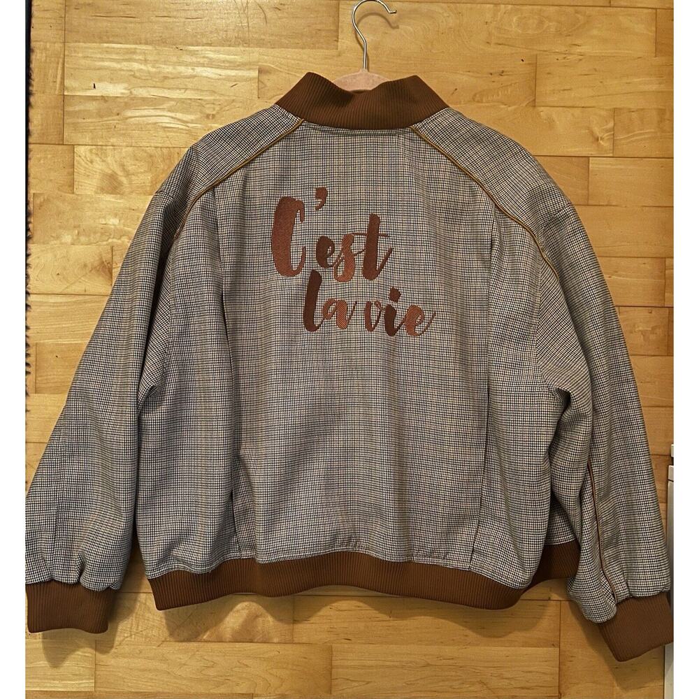 Studio Fun Plaid C’est La Vie French Brown Bomber Jacket 2 Medium